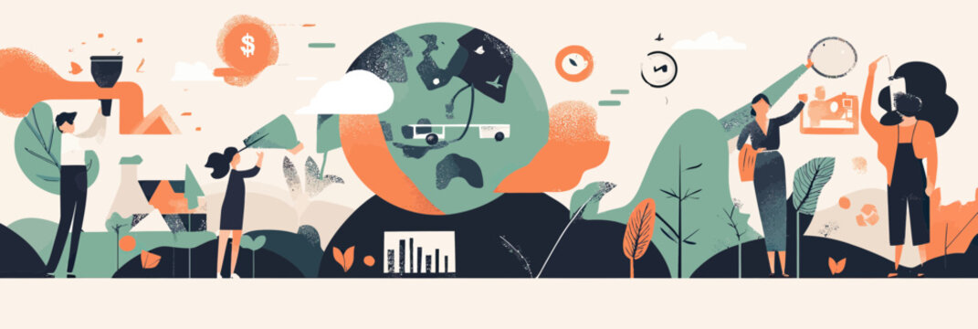 Sustainability concepts illustration with diverse people planting trees, analyzing carbon footprint data, reducing emissions, and promoting environmental responsibility in flat minimalist style vector