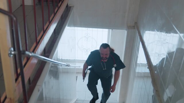 Paramedic climbs narrow stairwell toward call, carrying stethoscope and clipboard, tense expression, tiled walls, metal handrail, frosted window light, steady but hurried pace, urgency