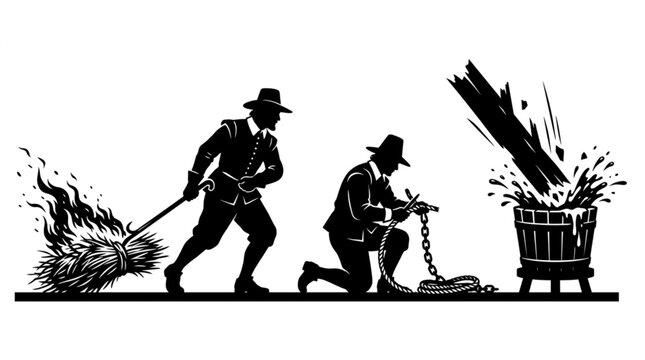 Colonial pitch and tar workers burning pine wood branches and preparing rope chains for maritime shipbuilding silhouette vector