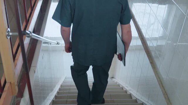 Paramedic descends dim stairwell after shift, back turned while carrying equipment and clipboard, tired posture, quiet tiled corridor, soft window light, calm relief mixed with fatigue, evening