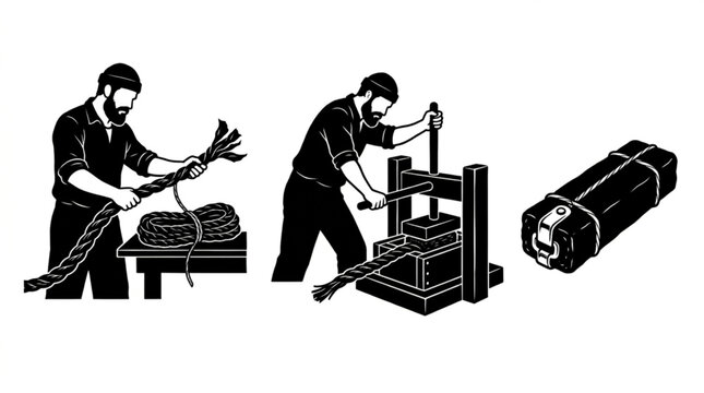 Traditional oakum caulking craftsman splicing rope and pressing hemp fiber block silhouette vector illustration set