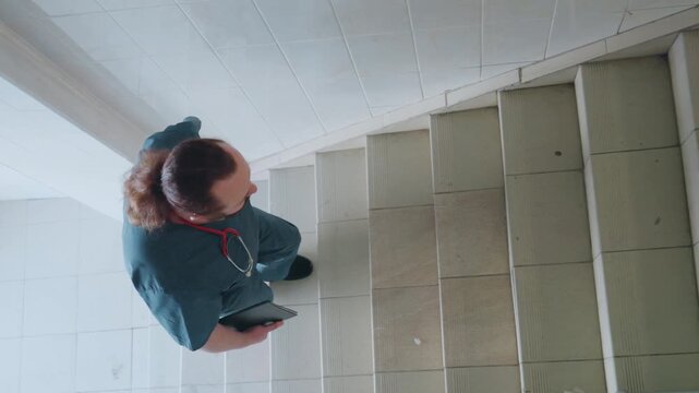 Paramedic climbing tiled stairwell with tablet, overhead perspective of nurse in scrubs checking patient data, steady ascent toward landing in residential interior, modern telemedicine followup