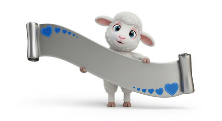 Fototapeta premium A cute, fluffy 3D cartoon baby sheep character stands against a white background, happily holding a blank metallic scroll banner that is elegantly decorated with several small, vibrant blue hearts.