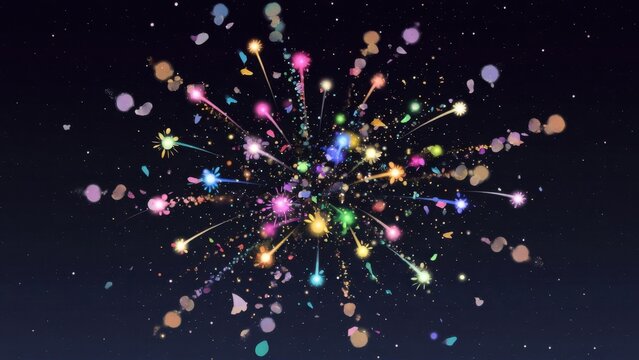 Bursting fireworks scattering colorful sparks in night sky