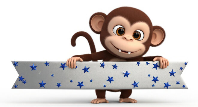 A cute little 3D monkey character with large expressive eyes and a friendly smile stands behind a long horizontal banner decorated with many small blue stars, set against a clean white background.