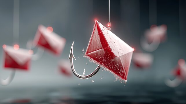 Red envelope phishing concept with fishing hooks catching email envelopes representing cyber attack and internet security risk in digital communication