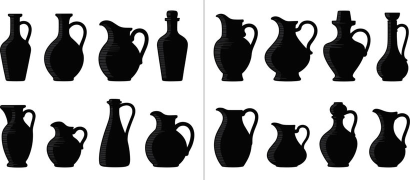 Collection of Black Silhouettes of Ancient Pottery Jugs and Vases illustration