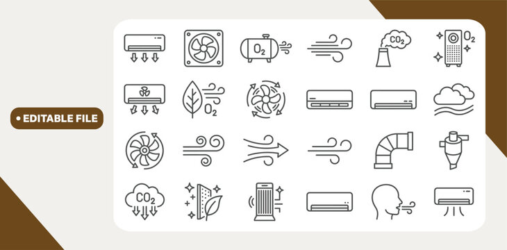   Air outline icon set with editable strokes featuring ventilation, AC, fan, wind, oxygen and pollution UI.
