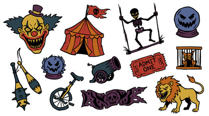A creepy clown rides a unicycle with a lion and skeleton performing Halloween circus acts © ade