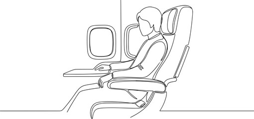 Passenger in Airplane Seat with Tray Table and Window - Line Art © dinny