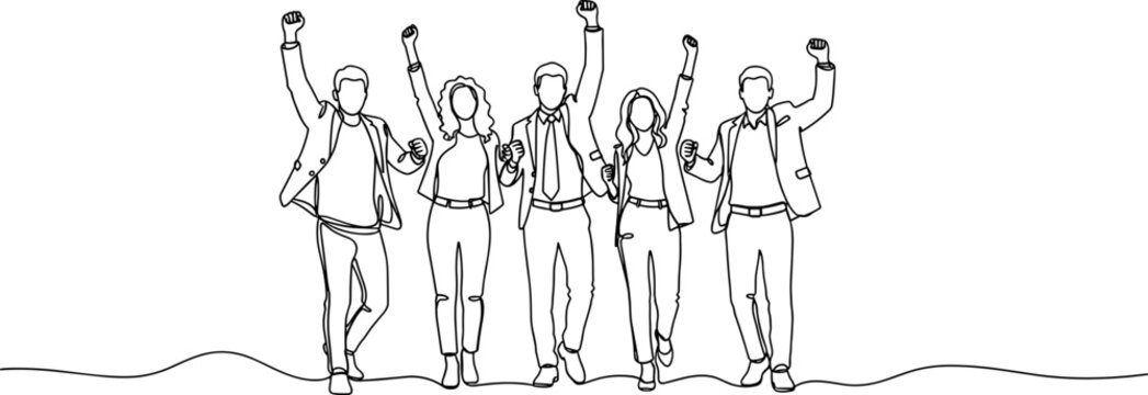 Diverse group of people raising hands in celebration, single line drawing style
