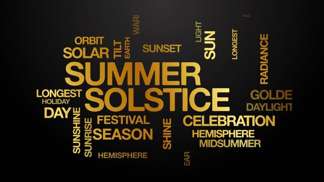 summer solstice concept Animated Tag Word Cloud kinetic typography, Text Design Animation typography seamless loop video motion graphics Intro Wordart tagcloud golden type on black background bg backd