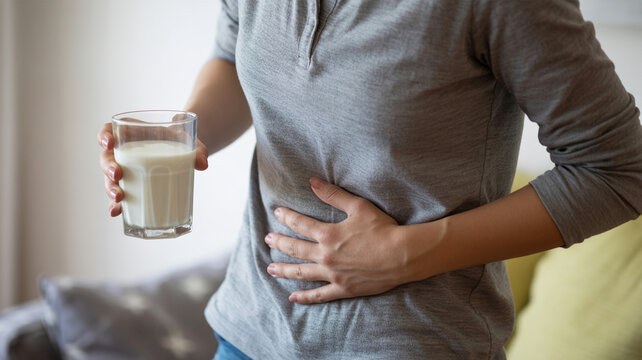 Female adult experiencing severe abdominal cramps and stomach ache after consuming dairy product glass of milk showing concept of lactose intolerance and food digestive problems.