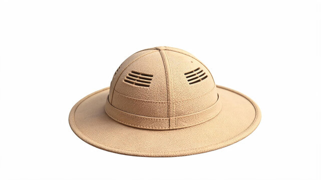 Classic woven straw pith sun hat isolated on white background with pith helmet sun protection wide brim headwear adventure accessory clothing colonial
