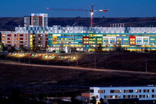 Night view of the Alberta Children's Hospital located in Calgary