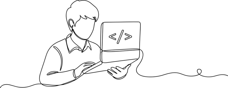 Continuous line drawing of a person coding on a laptop, digital art, programmer work