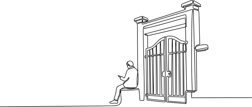 Man Sitting at Ornate Gate, Waiting, Using Mobile Phone