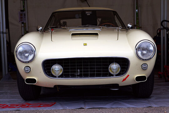 Ferrari 250 GT SWB parked in the paddock at Spa circuit showcasing timeless Italian design, racing heritage, and classic motorsport on May 24, 2025 in Francorchamps, Belgium.