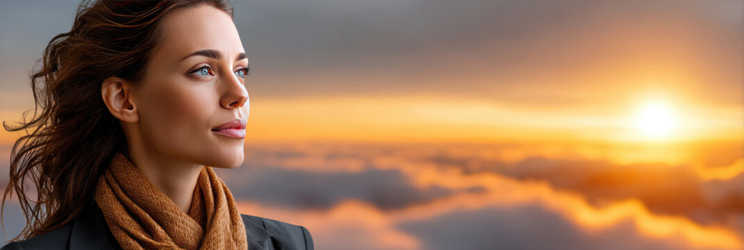 Woman experiencing a serene aerial journey, looking ahead with inspiration and hope as the golden sun sets over a vast cloudscape, representing global exploration and new beginnings