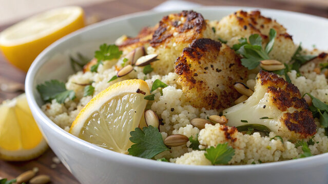 Photorealistic macro food photography roasted cauliflower tabbouleh extreme texture detail citrus herbs bulgur grains warm light
