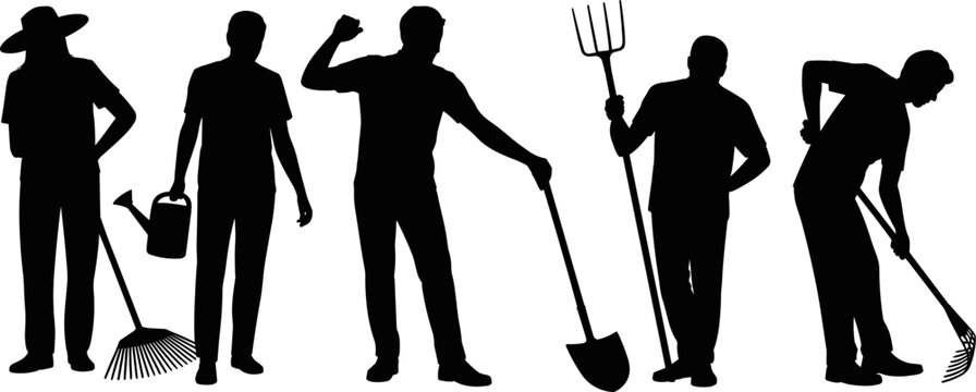 Silhouettes of Gardeners with Tools Watering Can Rake Shovel Pitchfork 38.aizz illustration