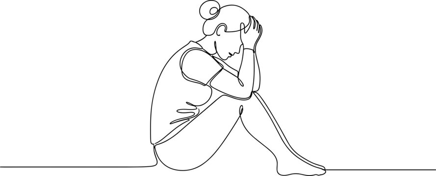 One Line Drawing of a Woman Sitting in Despair, Head in Hands, Minimalist Art