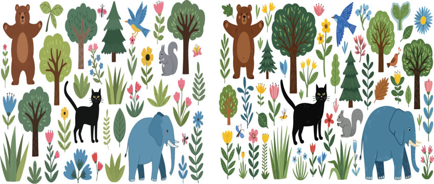 Collection of hand drawn forest animals trees and flowers elements with nature element flora and fauna wildlife elephant squirrel botanical illustration elements wilderness collection