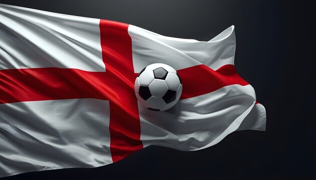 Waving England national flag St Georges Cross integrated with a centered classic soccer ball on dark background