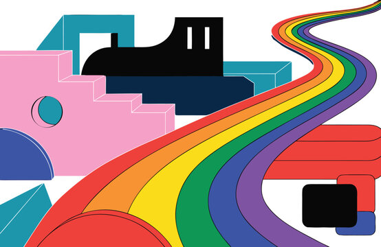 Abstract colorful shapes and rainbow bridge illustration