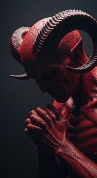 A Terrifying Red Demon with Large Horns Praying in Darkness.