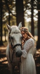 Obraz premium Beautiful Woman in White Dress with White Horse in Forest.