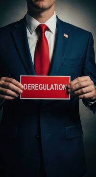 Businessman in Suit Holding Red Sign with Deregulation Text.