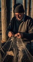 Obraz premium Elderly Fisherman Mending Net Outdoors at Sunset.
