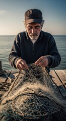 Obraz premium Elderly Fisherman Mending Net on Wooden Pier by the Sea.