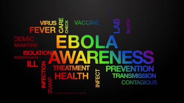 Ebola awareness concept Animated Tag Word Cloud kinetic typography, Text Design Animation typography seamless loop video motion graphics Intro Wordart tagcloud rainbow type on black background bg back