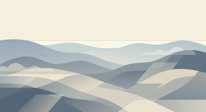 Mountain landscape vector background with soft blue hills with round sun and minimal horizon in blue and gray and cream. Calm design for wallpaper, header, poster