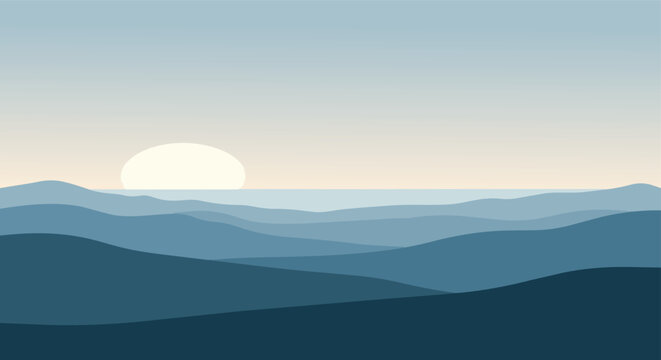 Mountain landscape vector background with soft blue hills with round sun and minimal horizon in blue and gray and cream. Calm design for wallpaper, header, poster