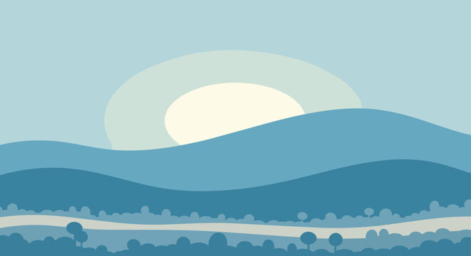 Mountain landscape vector background with soft blue hills with round sun and minimal horizon in blue and gray and cream. Calm design for wallpaper, header, poster