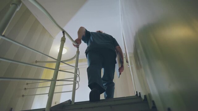 Black medic rushing up narrow staircase, emergency bag swinging, radio call in hand, hurried steps and tense lighting, determined posture as medic approaches apartment door for urgent response