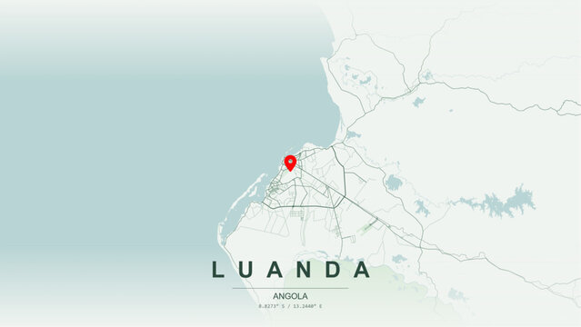 Modern minimalist vector map of Luanda, Angola. High-quality scalable illustration of Luanda city grid, Avenida 4 de Fevereiro (Marginal) waterfront axis for posters and design.