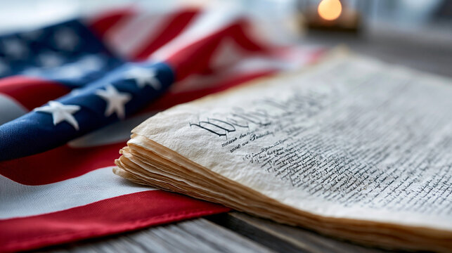 Close-up of the United States Declaration of Independence on an American flag background, historical document concept, declaration photography, patriotic heritage visualization,