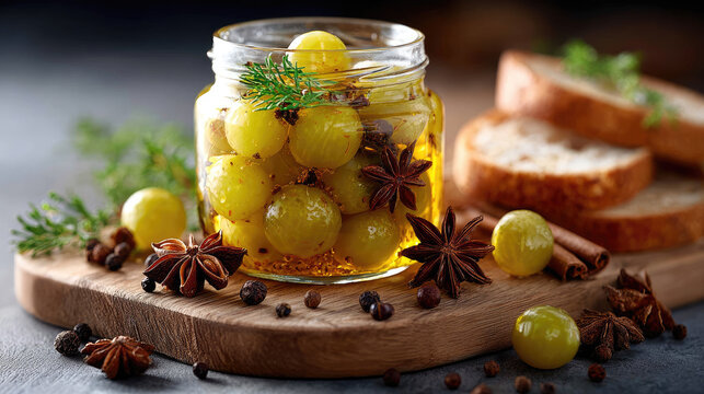 Pickled green grapes infusing in vinegar brine with star anise and peppercorns, presenting a gourmet appetizer on a wooden cheese board with crusty bread slices