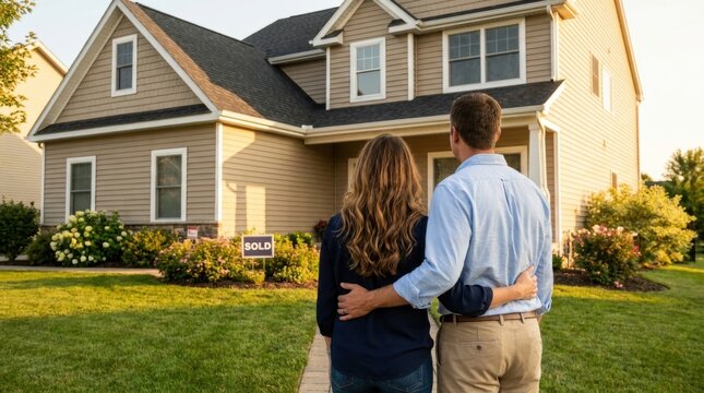 Couple standing in front of a sold house with a 'sold' sign happy homeowners