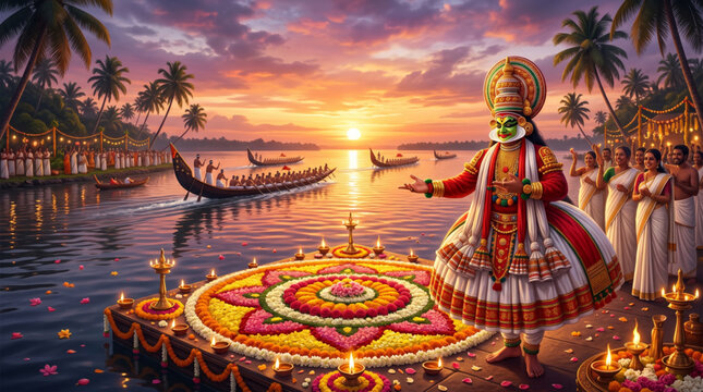 Colorful Kathakali performance beside Kerala backwaters for Onam festival travel and cultural promotion