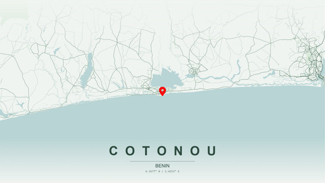 Modern minimalist vector map of Cotonou, Benin. High-quality scalable illustration of Cotonou city grid, Cotonou Lagoon and Canal axis, Lake Nokou&eacute; waterfront for posters and design.