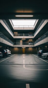 Modern Multi-Level Parking Garage Interior with Cars and Skylight.