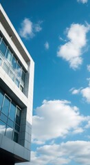 Obraz premium Modern Office Building Facade Against a Bright Blue Sky with Clouds.