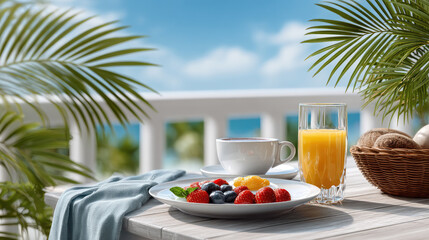 Obraz premium Fresh tropical breakfast on a wooden hotel terrace, fruit, coffee and orange juice basking in sunshine with swaying palm leaves and a serene blue sky resort view