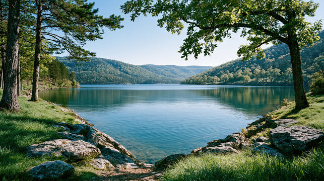 Cinematic wide panoramic view of calm clear water at Table Rock Lake surrounded by lush green forests and a rocky shoreline in the Ozark mountains created with Generative AI Technology, ai, generative