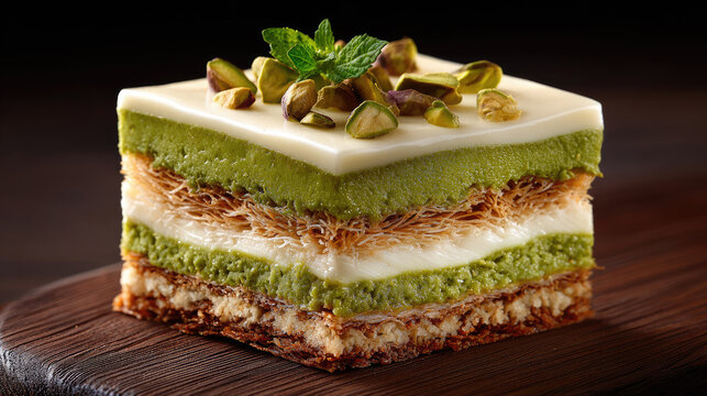 Pistachio kataifi dessert with golden shredded pastry, vibrant green pistachio cream and smooth white topping, sprinkled with chopped pistachios on a wooden board with coffee